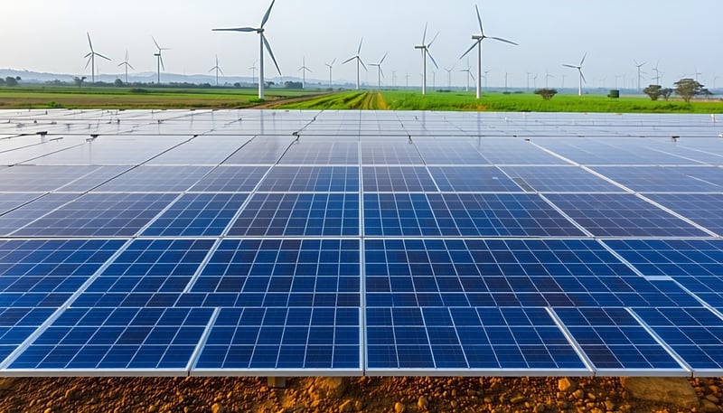 Solar panels and wind turbines representing Hindustan Power's renewable energy projects Solar panels and wind turbines representing Hindustan Power's renewable energy projects